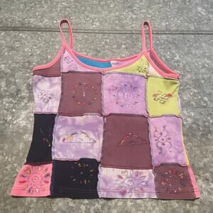 Vintage Y2K Patchwork Spaghetti Strap Tank Top Womens Small Boho Shirt 90s Indie